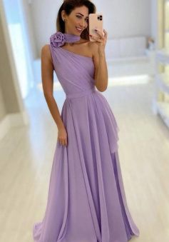 Simple A-line One Shoulder Purple Chiffon Long Prom Dress