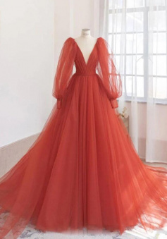 Orange v neck tulle long prom dress with long sleeves