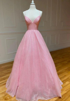 A-line v neck pink tulle long prom dress