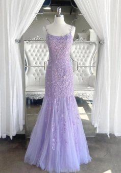 A Line Purple tulle lace long prom dress