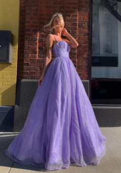 A line Purple tulle long prom dress