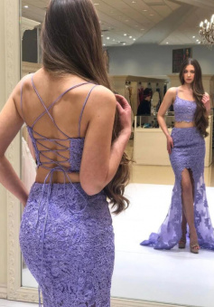 A Line Purple two pieces lace prom dress