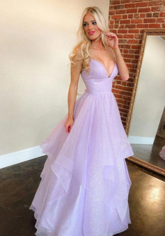 Simple Purple v neck tulle long prom dress
