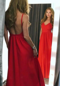 Spaghetti Straps Red Satin A-line Backless Evening Dress