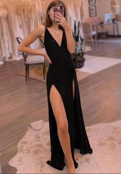 Sexy Black V-neck Open Back Prom Dress