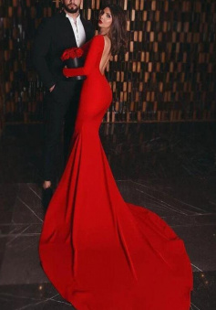 Sexy Mermaid Red Open Back Long Prom Dress With Long Sleeves