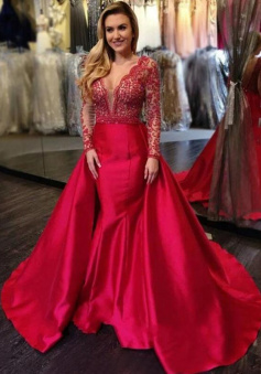 Sexy Red V-neck Open Back Lace Prom Dress