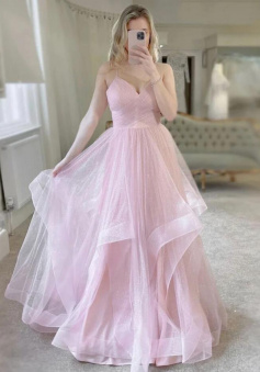 Shiny Fluffy Pink V Neck Formal Evening Dresses
