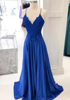 A Line Royal blue lace satin prom dress
