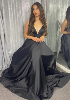 Simple black v neck satin long prom evening dress