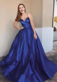 Simple blue satin a line prom dress