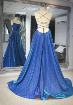 Simple blue satin backless long evening dress
