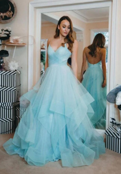 Simple blue tulle long prom dress