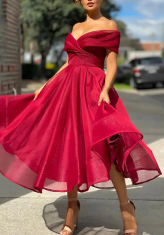 Simple off shoulder burgundy tulle tea length prom dress