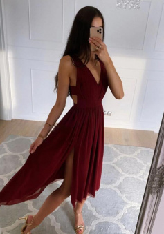 Simple burgundy chiffon high low prom dress