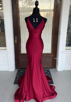 Simple mermaid burgundy v neck satin long prom dress