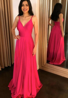 Simple A-line Fuchsia Satin Long Prom Dress