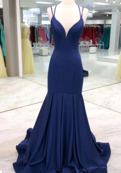 Simple dark blue satin long prom dress