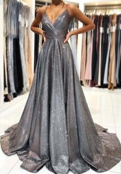Simple gray v neck long prom dress