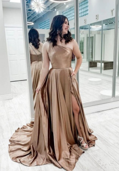 Simple one shoulder satin long champagne evening dress