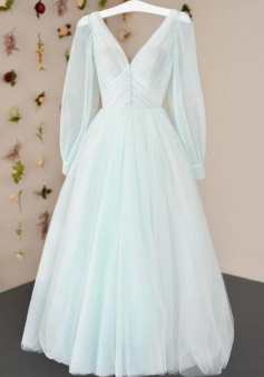 Simple v neck tulle tea length prom dress