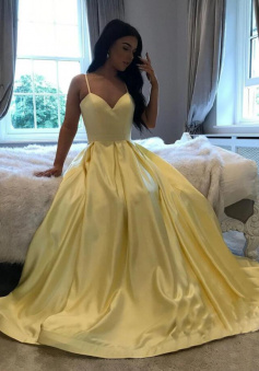 Simple yellow satin long prom dress