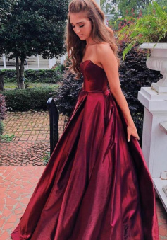 Sweetheart Burgundy Long Prom Gowns with Pockets