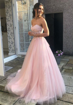 A Line Sweetheart Lace Top Tulle Pink Prom Dress
