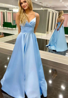 Simple Stain Light Sky Blue Long A-line Prom Dress