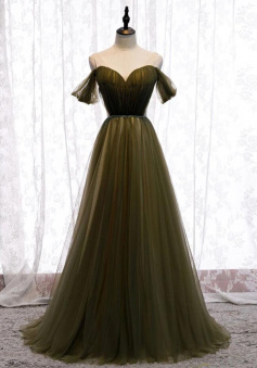 Simple a line sweetheart tulle green long prom dress