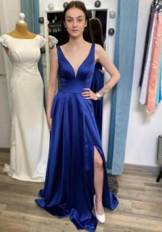 Simple Blue Satin Long Prom Dresses with Leg Slit