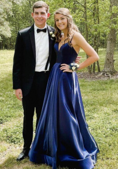 Simple a line v neck blue satin long prom dress