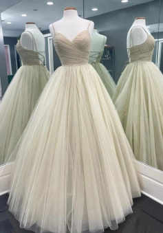 Simple v neck champagne tulle long evening dress