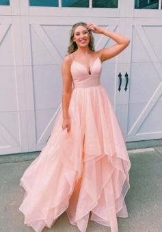 Charming v neck long pink tulle formal dress