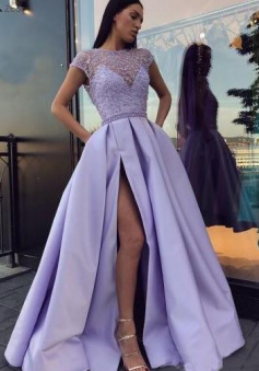 A Line Jewel Neck Side Slit Prom Dress with Beading