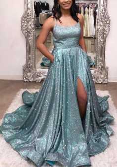 Sparkly Spaghetti Straps Long Split Prom Dress