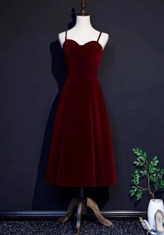 Tea Length Burgundy Velvet Short Prom Dress