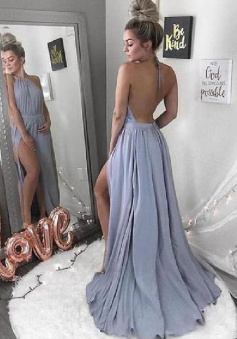 Simple Backless Halter Neck Long Prom Dress