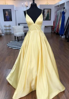 Spaghetti Straps V-neck Long Satin Prom Dresses