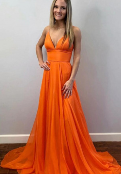 A Line Orange v neck chiffon long prom dress