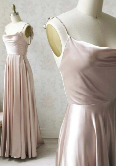 Simple pink satin a line long prom dress