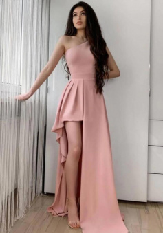 Sexy pink one shoulder long evening dress