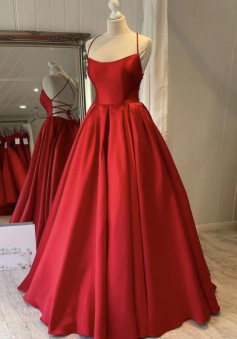 Simple a line red satin long prom dress
