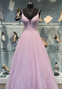 A Line purple v neck tulle long prom dress