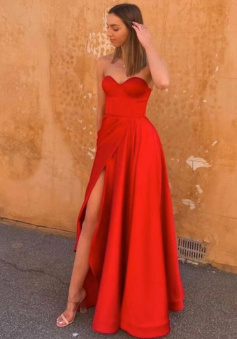 Simple a line split red satin long prom dress