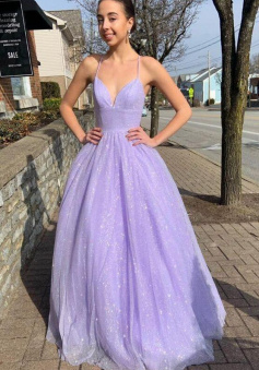 Sparkle Lilac A-line V-neck Long Prom Dresses