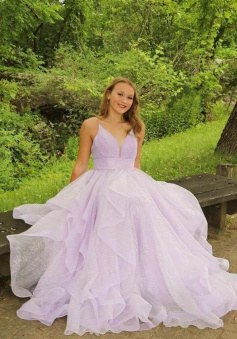 Sparkly A-line Lavender Tulle V-neck Long Prom Evening Gowns