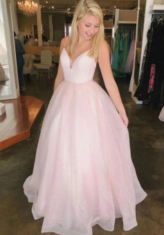 Sparkly A-line Tulle Pink Long Prom Dress Graduation Gown