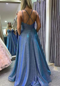 Sparkly A-line Blue Long Prom Dresses With Pockets