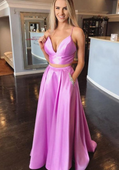 Spaghetti Straps Two Piece Prom Dress with Pockets